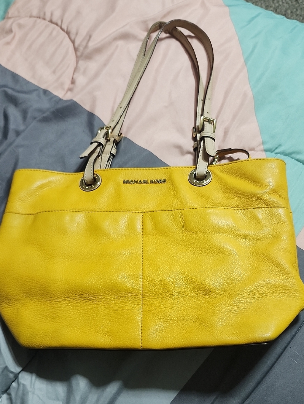 Michael Kors Yellow Leather Tote with Cream Straps